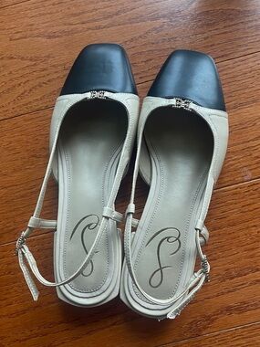 Sam Edelman Two-Tone Beige and Black Square-Toe Slingback Flats